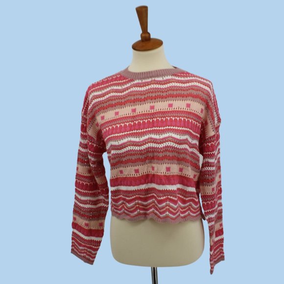 Vintage Sweaters - Vintage Knit Pink White Long Sleeve Cropped Sweater S